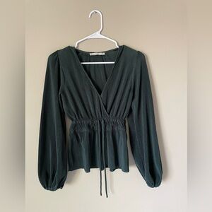 Abercrombie & Fitch Dark Green satin Pleated peplum sleeve Blouse XS NWOT